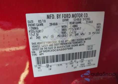 2010 Ford Edge Se from USA, damaged, VIN 2FMDK3GC2ABB07950